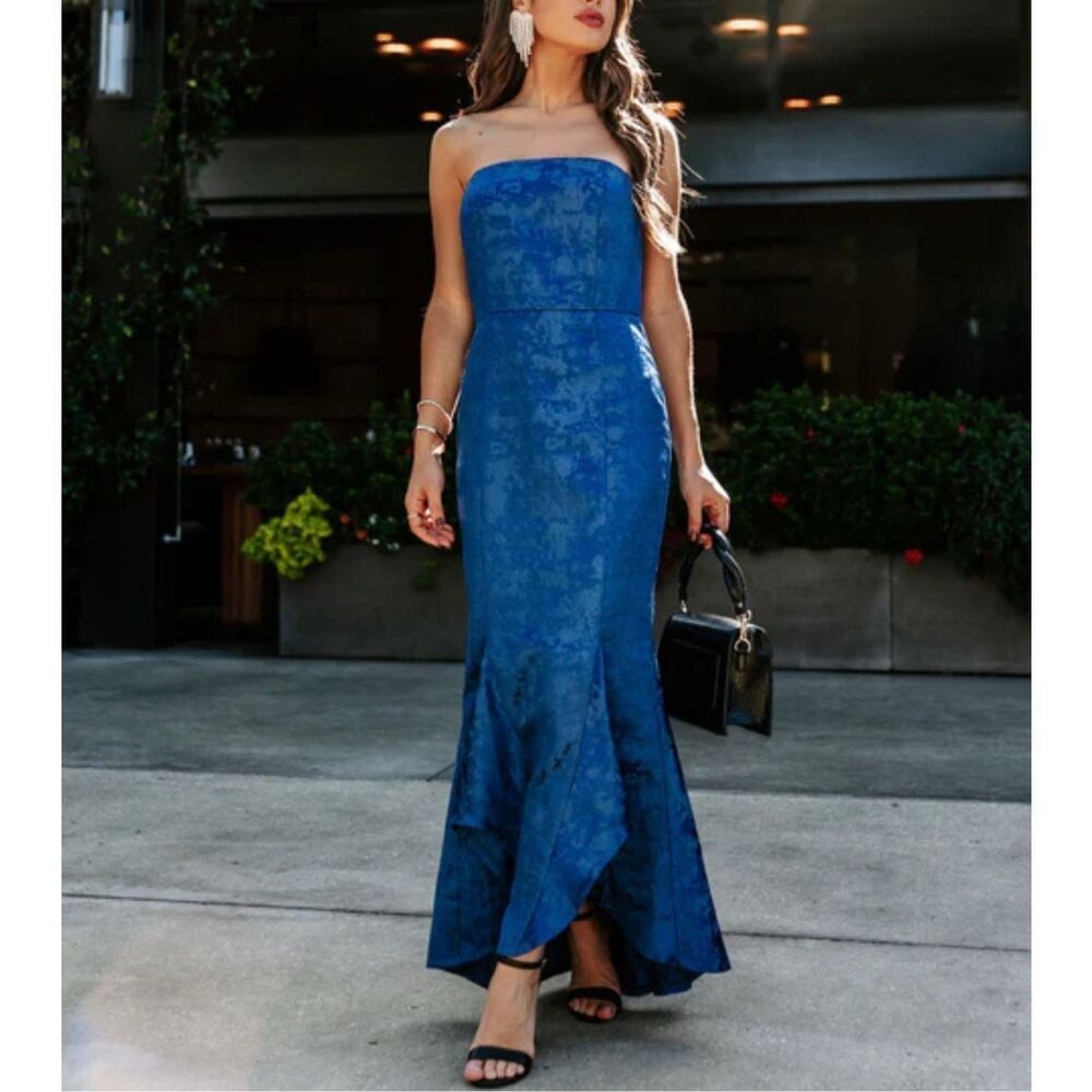 VICI Navy Blue Textured Elliana Ruffle Strapless Maxi Dress Size XL